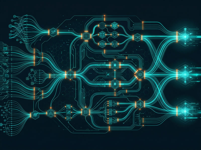 Data orchestration pipeline with flowing data streams and connected nodes